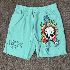 Ed Hardy Men's Turquoise Flame Skull Shorts